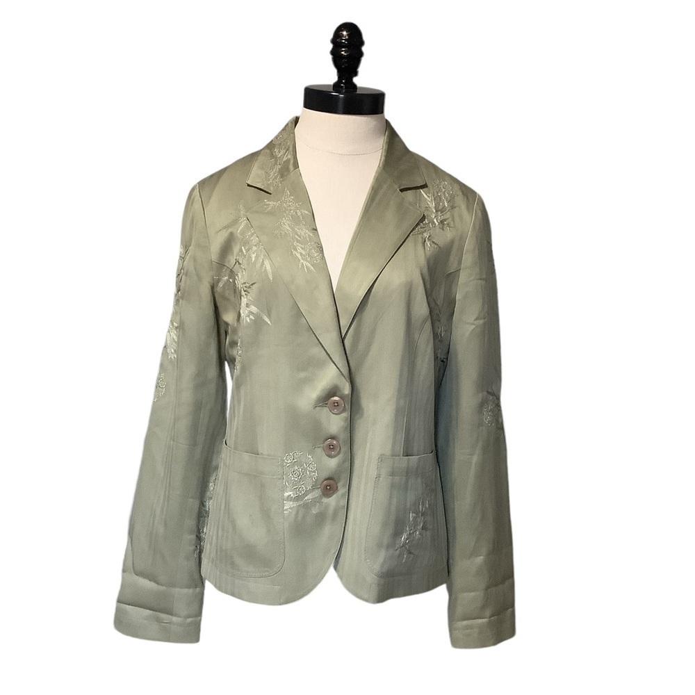 BLOOMINGDALES Khaki‎ Green Silky Floral Embroidered Blazer Size 10